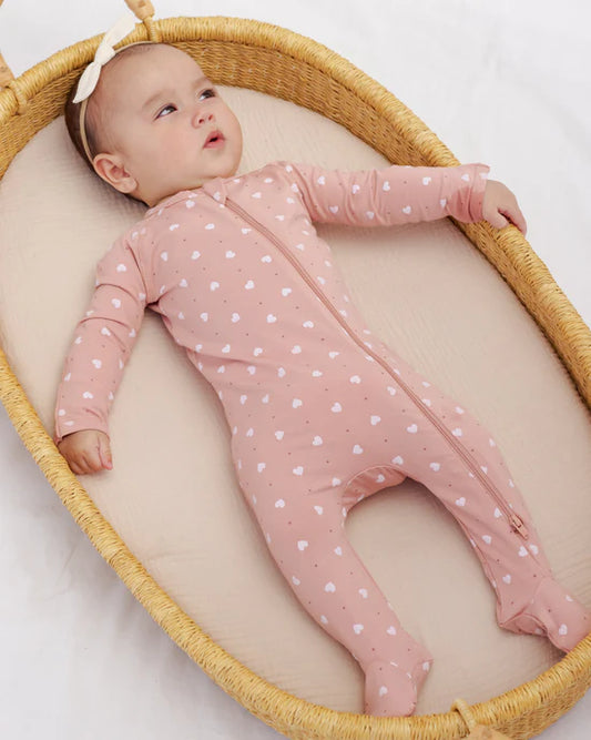 Quincy Mae Bamboo Zip Footie - Pink Hearts