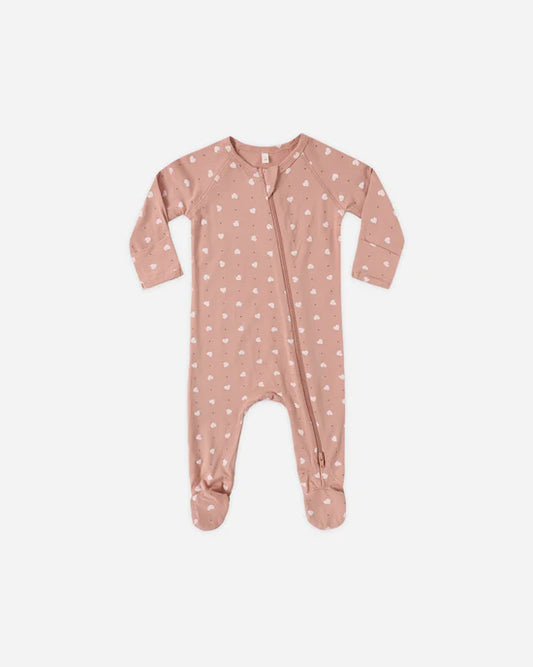 Quincy Mae Bamboo Zip Footie - Pink Hearts