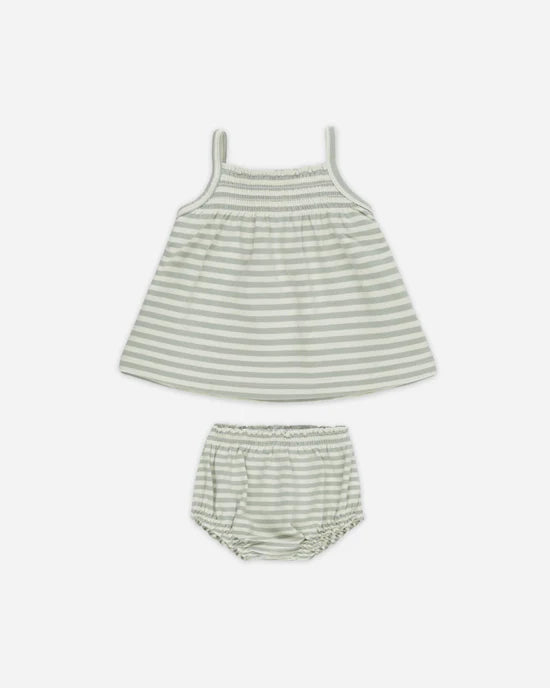 Quincy Mae Smocked Tank + Bloomer Set - Sage Stripe