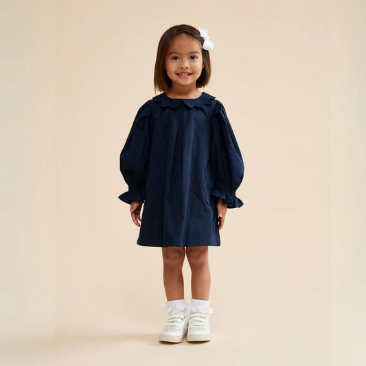 Scallop Detail Smock Dress - Navy Blue