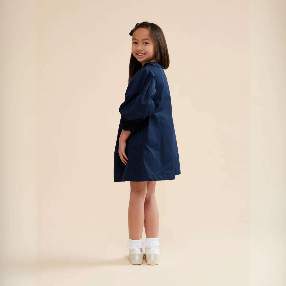 Prudie & Primmie Scallop Detail Smock Dress - Navy Blue