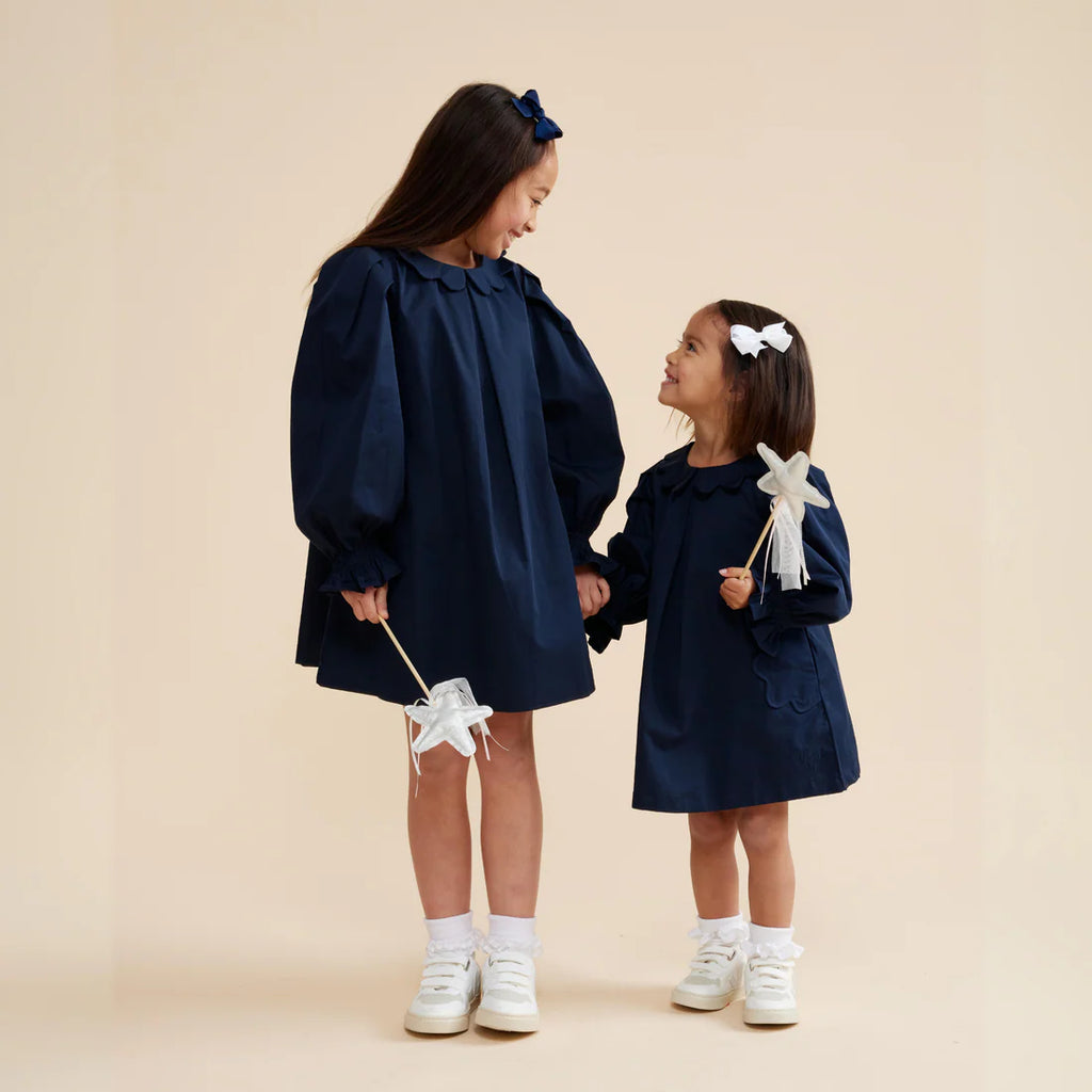 Prudie & Primmie Scallop Detail Smock Dress - Navy Blue