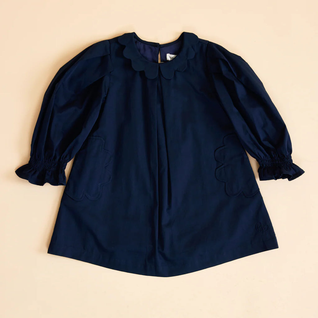 Prudie & Primmie Scallop Detail Smock Dress - Navy Blue