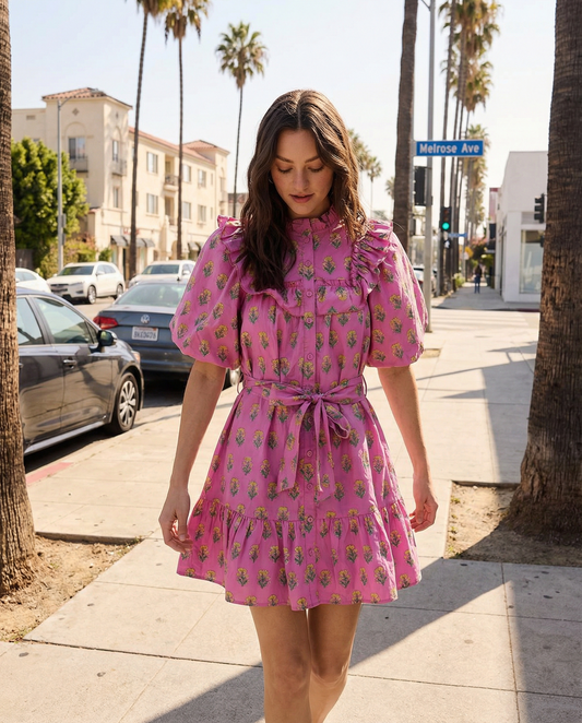Floral Clusters Ruffled Mini Dress - Orchid Print