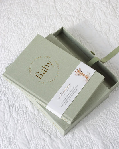 Baby Memory Book with Keepsake Box – Sage Green Linen
