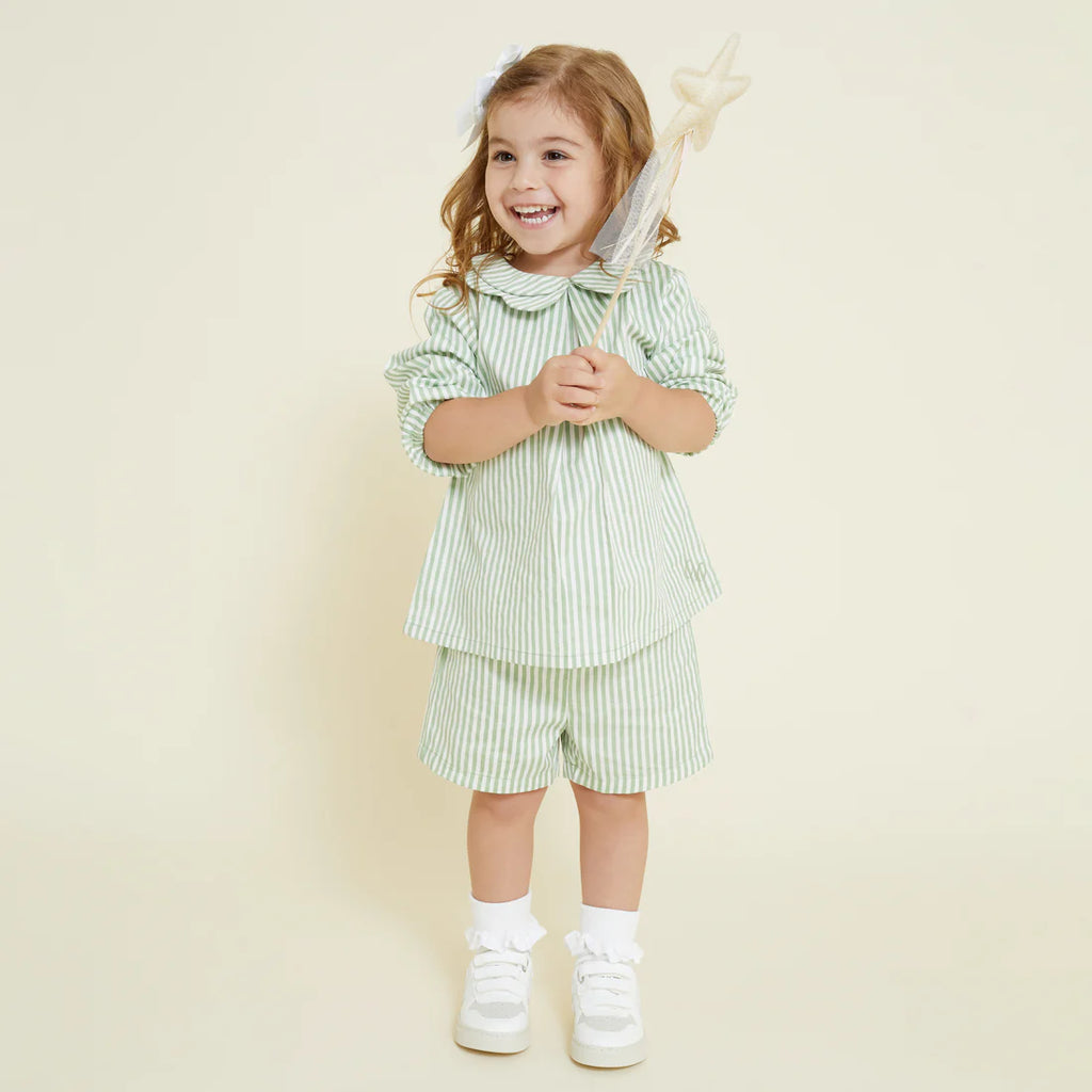 Prudie & Primmie Collared Shirt - Sage & Milk Stripe