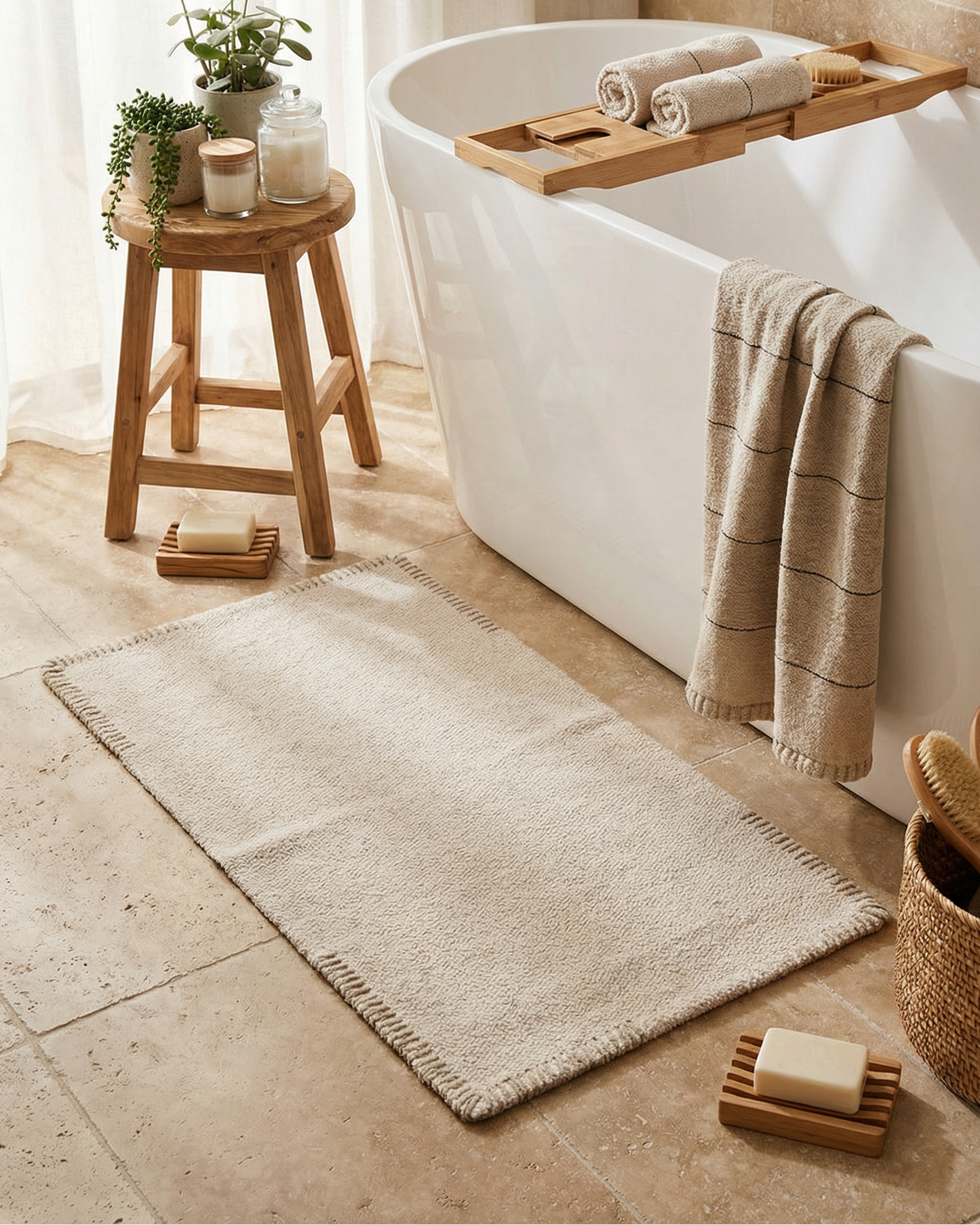 Zayra Bathmat - Ivory with Natural Hand Stitch