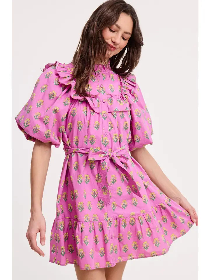 Floral Clusters Ruffled Mini Dress - Orchid Print