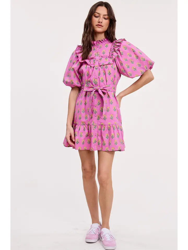 Floral Clusters Ruffled Mini Dress - Orchid Print