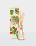 Raspberry & Rhubarb 250ml Fragrance Diffuser with natural fibre reeds beside its front-facing raspberry-print box.