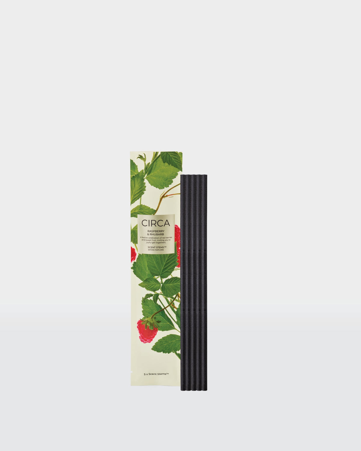 Five Raspberry & Rhubarb replacement Scent Stems beside their front-facing botanical packaging.