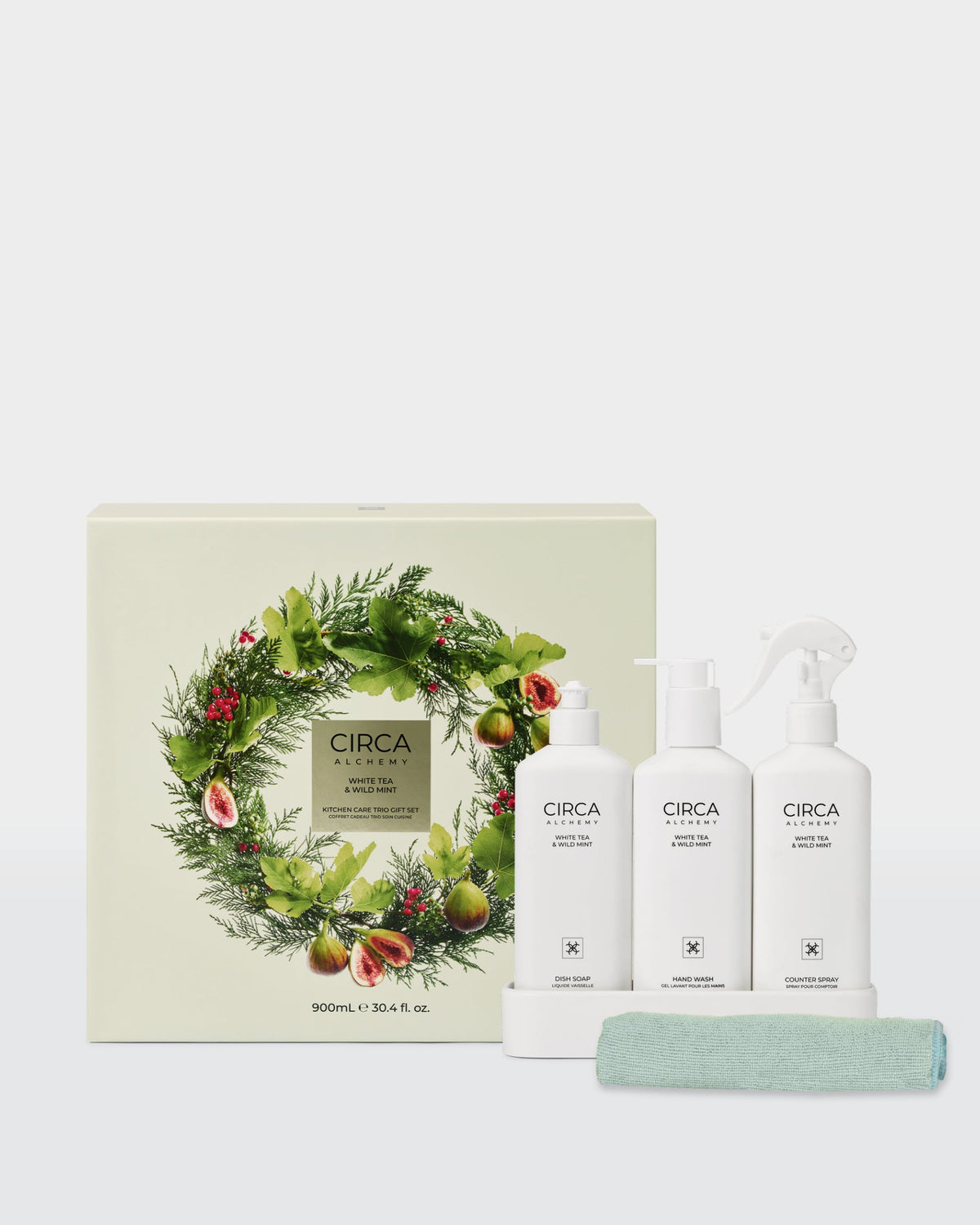 White Tea & Wild Mint Dish Soap, Counter Spray and Hand Wash on their draining tray with a microfibre towel and Christmas gift box.