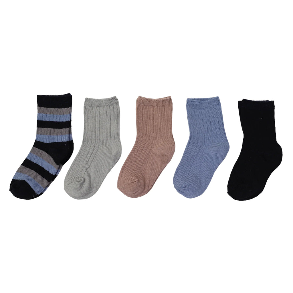 Korango Ribbed Socks 5pk Plain with Navy Stripe
