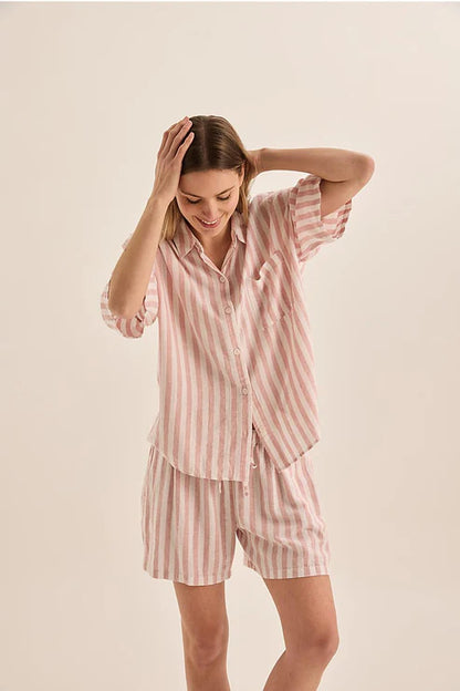 Gingerlilly Evie Linen Short Set - Pink Stripe