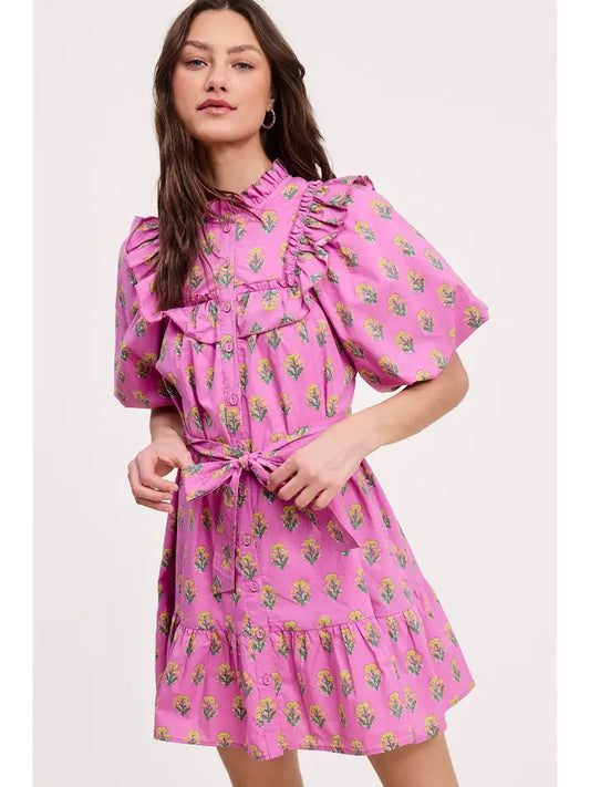 Floral Clusters Ruffled Mini Dress - Orchid Print