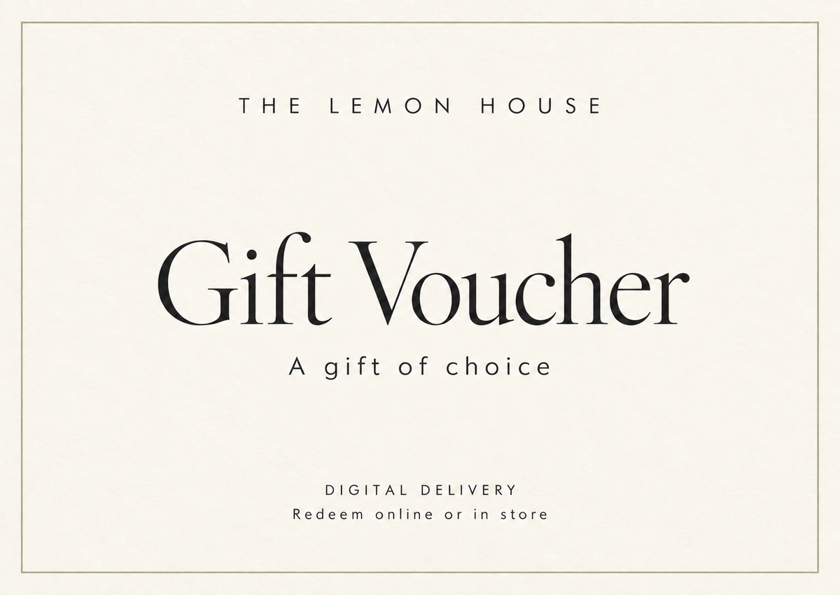 The Lemon House digital gift voucher with elegant charcoal lettering on ivory and a fine olive border. Redeem online or in store.