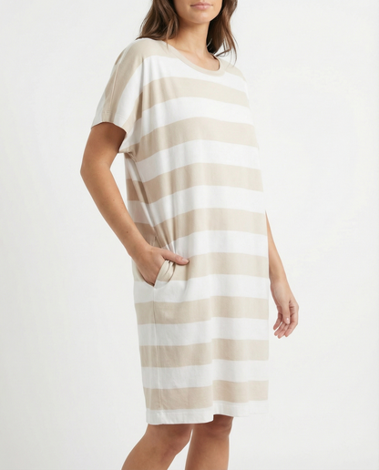 ELK Maika Stripe T-Shirt Dress - White/Ecru Stripe