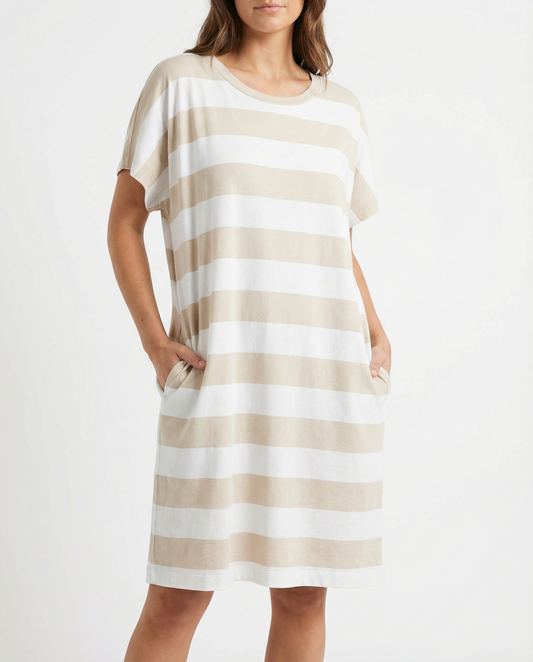 ELK Maika Stripe T-Shirt Dress - White/Ecru Stripe
