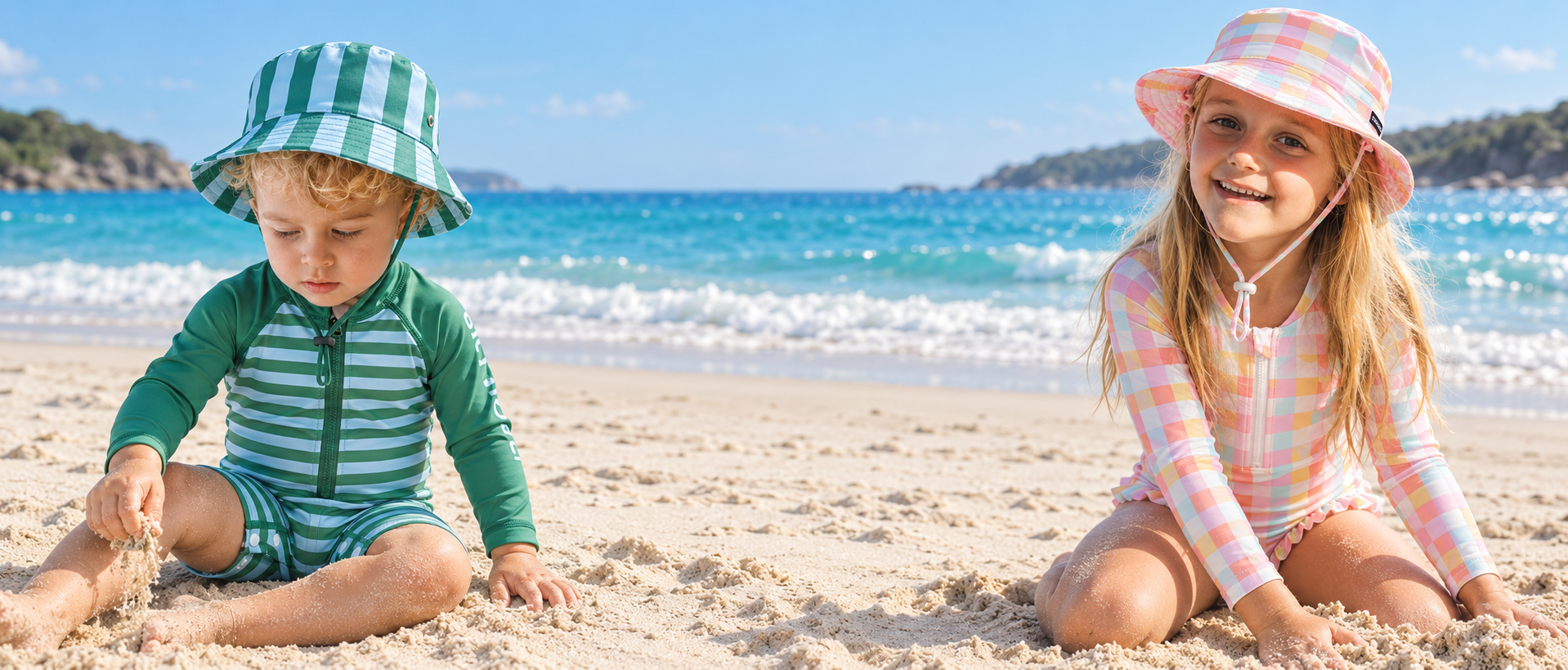 Children wearing new-season Crywolf swimwear and matching hats at the beach