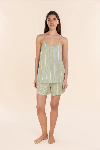 Gingerlilly Polly Linen Cami and Short Set - Olive Stripe