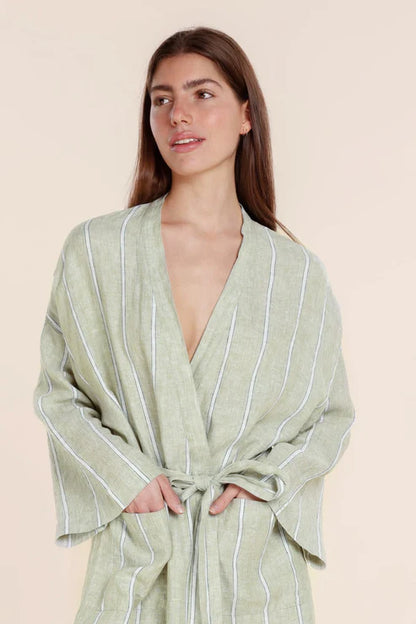Gingerlilly Rosalind Linen Robe - Olive Stripe