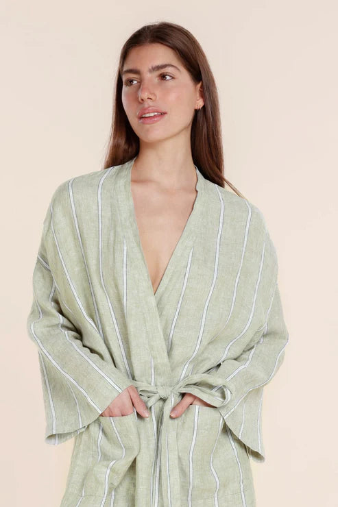 Gingerlilly Rosalind Linen Robe - Olive Stripe