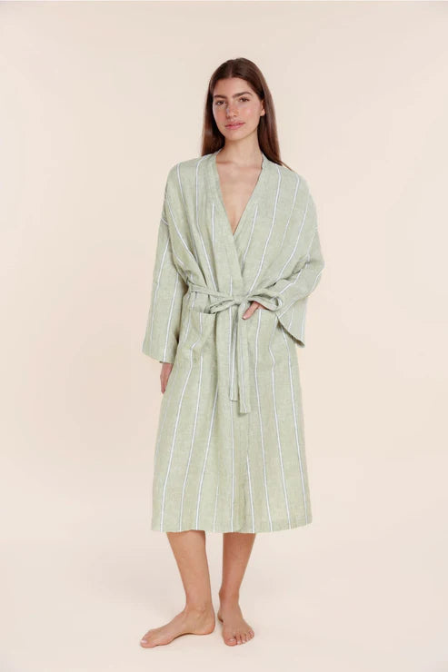 Gingerlilly Rosalind Linen Robe - Olive Stripe