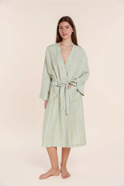 Gingerlilly Rosalind Linen Robe - Olive Stripe