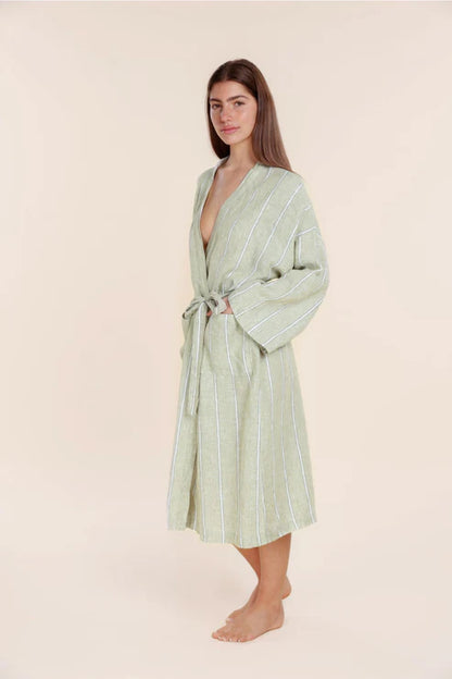 Gingerlilly Rosalind Linen Robe - Olive Stripe