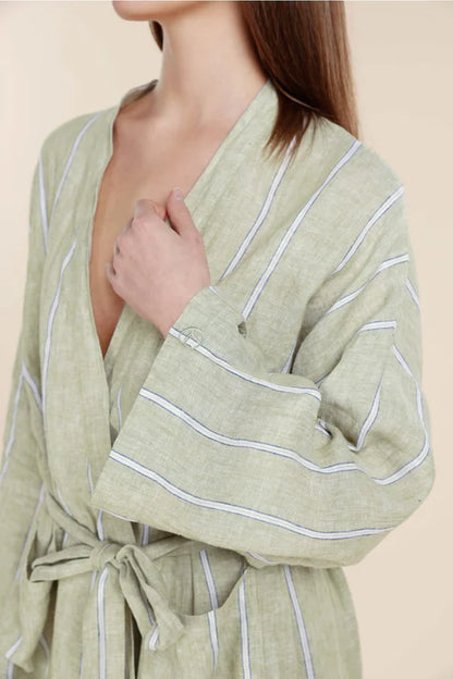 Gingerlilly Rosalind Linen Robe - Olive Stripe