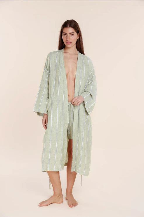 Gingerlilly Rosalind Linen Robe - Olive Stripe