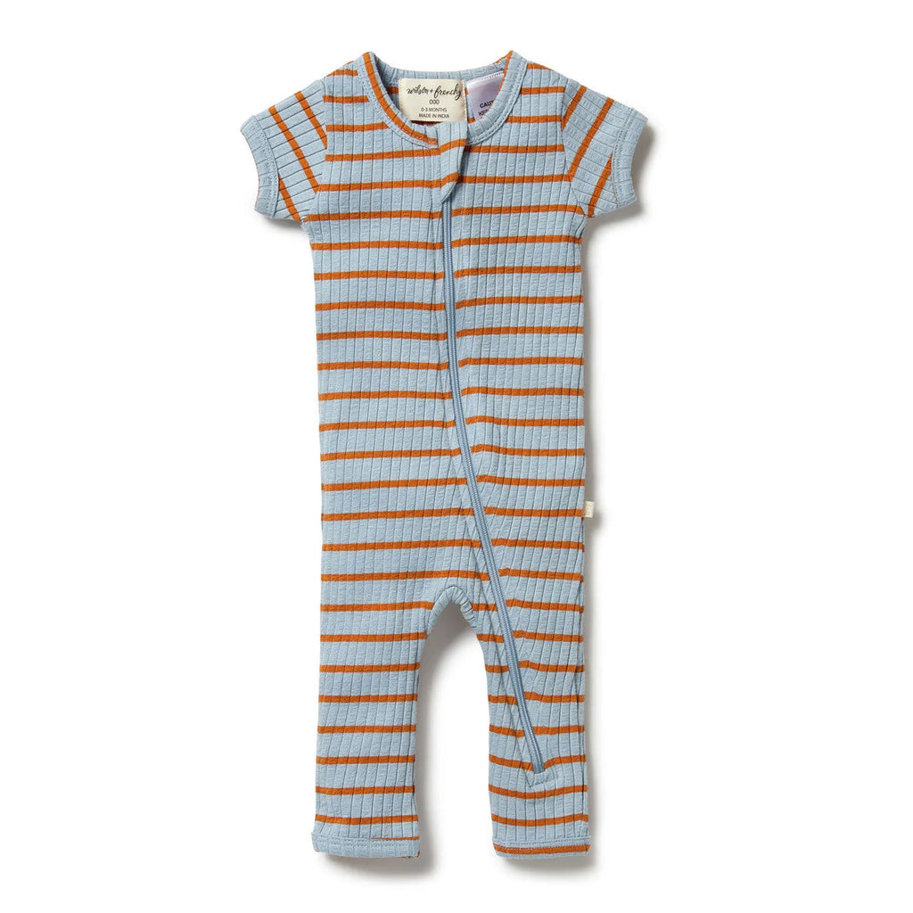 Anchor Blue Organic Stripe Rib Zipsuit